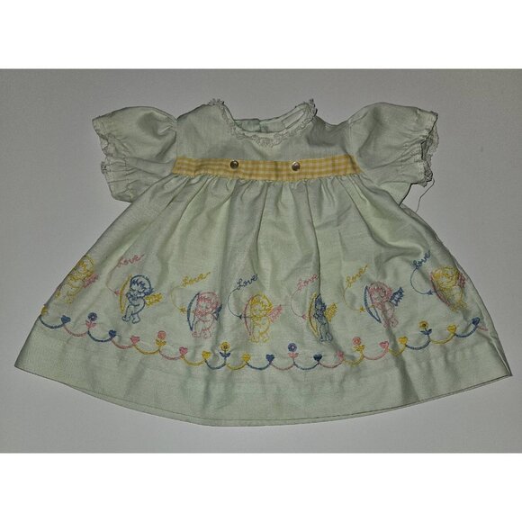 VTG Pale Green Dress Baby Girl 6 Months Embroidered Angels Cupid Valentine's Day - Picture 1 of 11